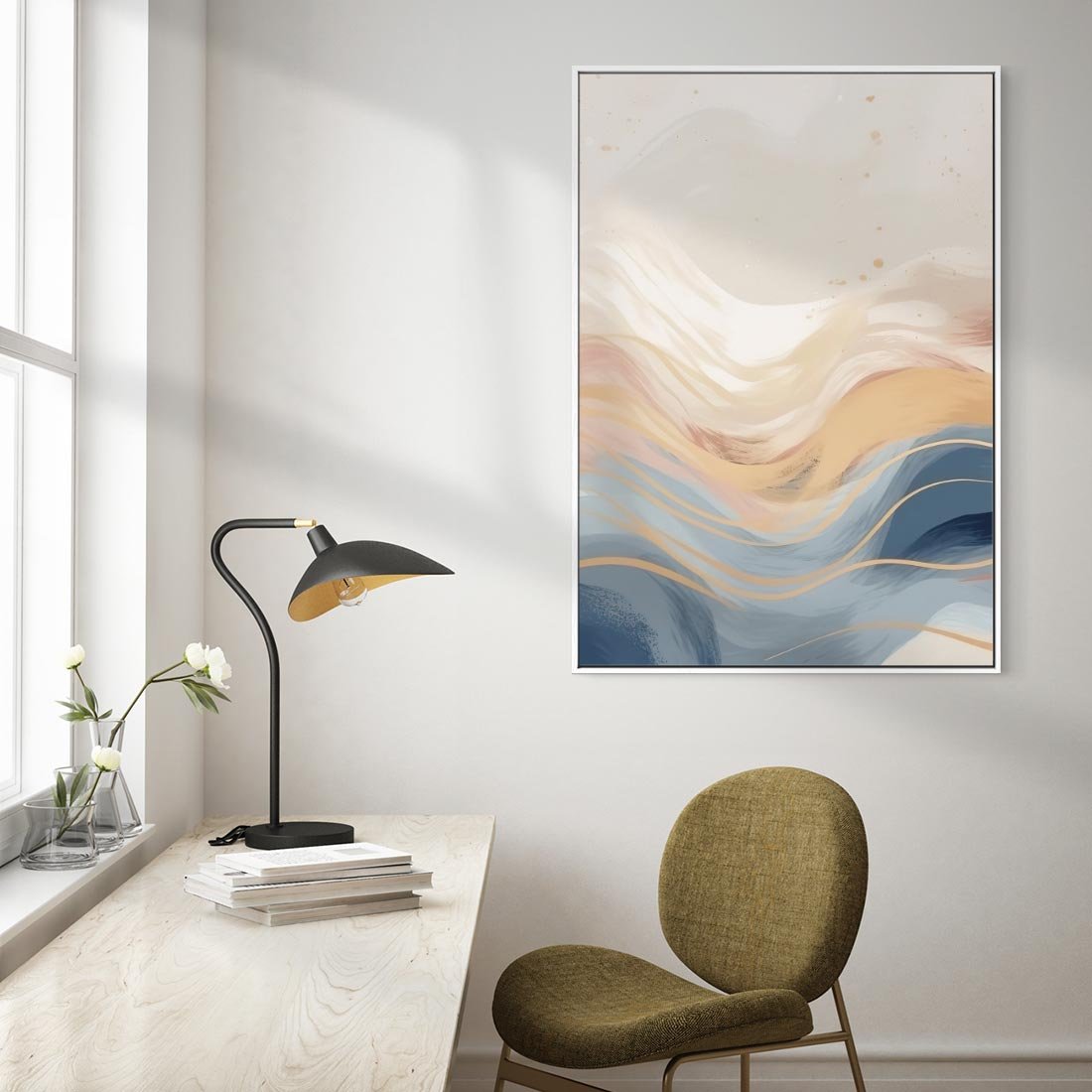 Obraz w ramie 70x100 - Ukojenie Współczesności - abstrakcyjne fale, gładkie linie - rama biała