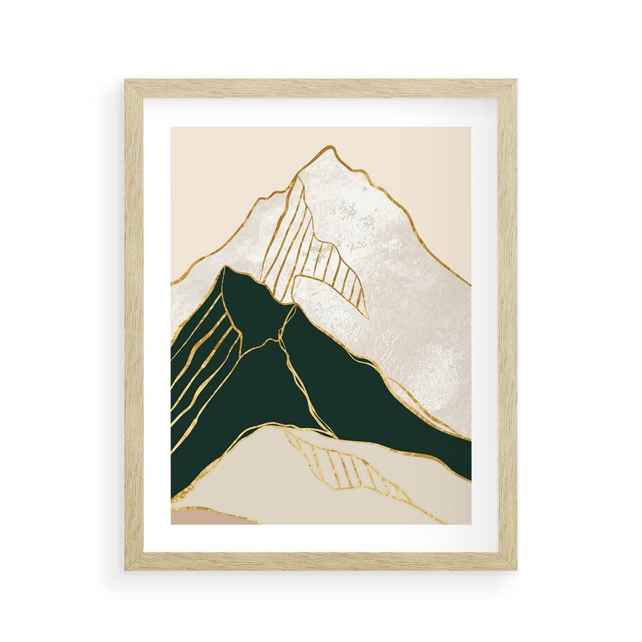 Plakat w ramie 40x50 - Minimalistyczne Góry: Złota Sztuka Natury - minimalistyczna grafika, góry - rama drewno