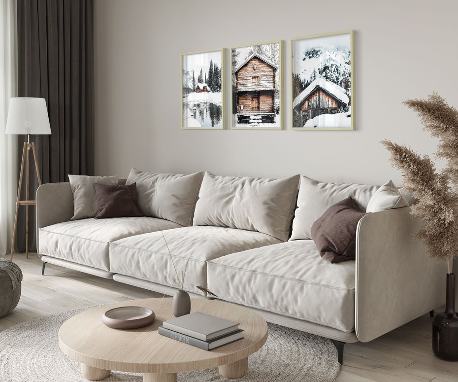 Zestaw obrazy w ramie 50x70 galeria - Zimowa, chatka, w, górach - rama drewno