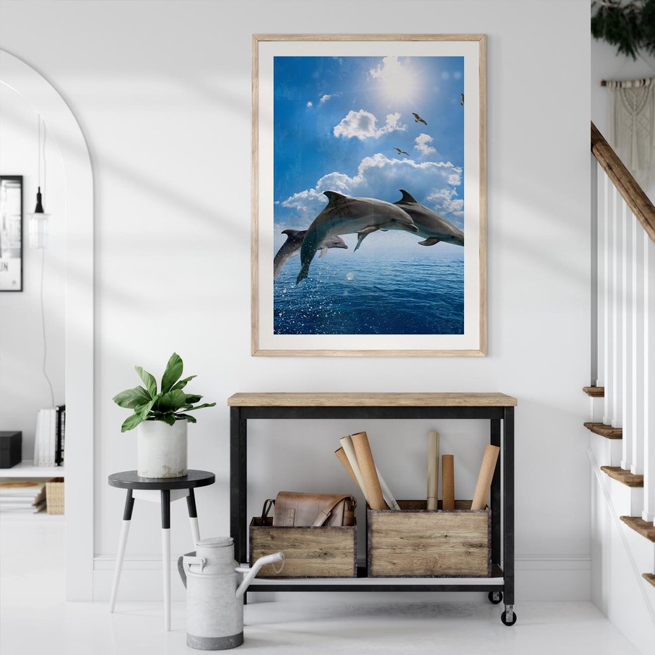 Plakat w ramie 40x50 - Spotkanie z naturą - morze, delfiny - rama drewno