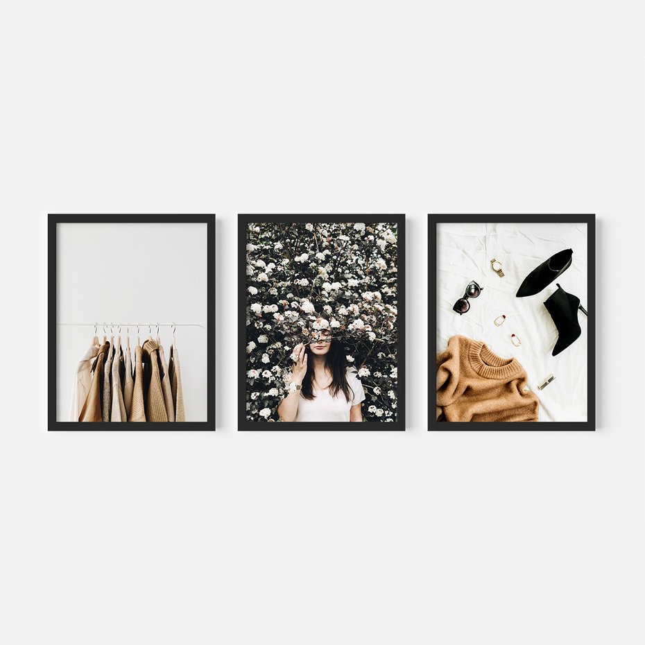 Zestaw obrazy w ramie 30x40 galeria - Moda, fashion, brąz, boho - rama czarna
