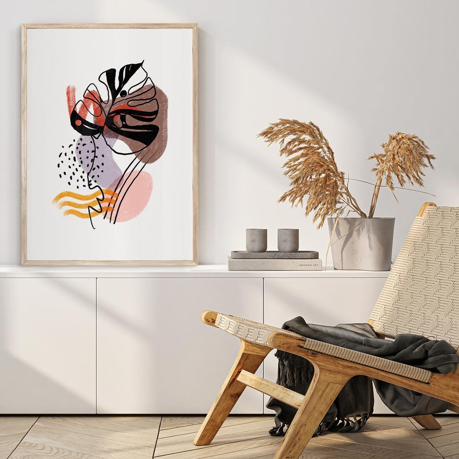 Plakat w ramie 50x70 - Wibracje Abstrakcyjnych Form - abstrakcyjna sztuka, liść monstery - rama drewno