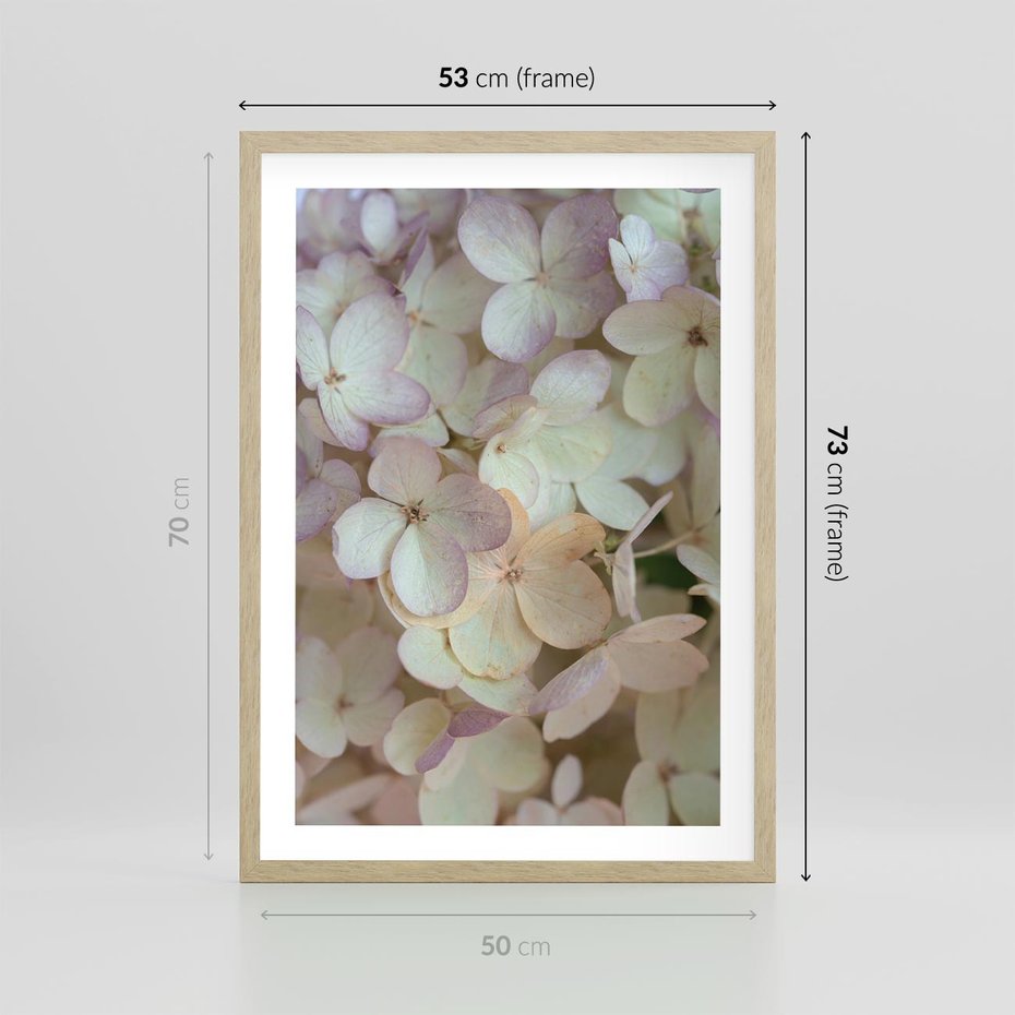Plakat w ramie 50x70 - Kwiatowy taniec - kwiaty, hortensje - rama drewno