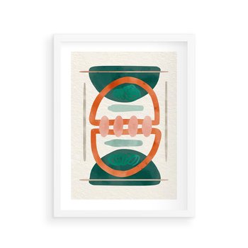 Plakat w ramie 30x40 - Oryginalny obraz abstrakcyjny w nowoczesnym stylu. Geometryczne akwarelowe kształty w intensywnych odcieniach zieleni i pomarańczu. Doskonała dekoracja dla miłośników sztuki. - abstrakcyjny obraz, sztuka nowoczesna - rama biała