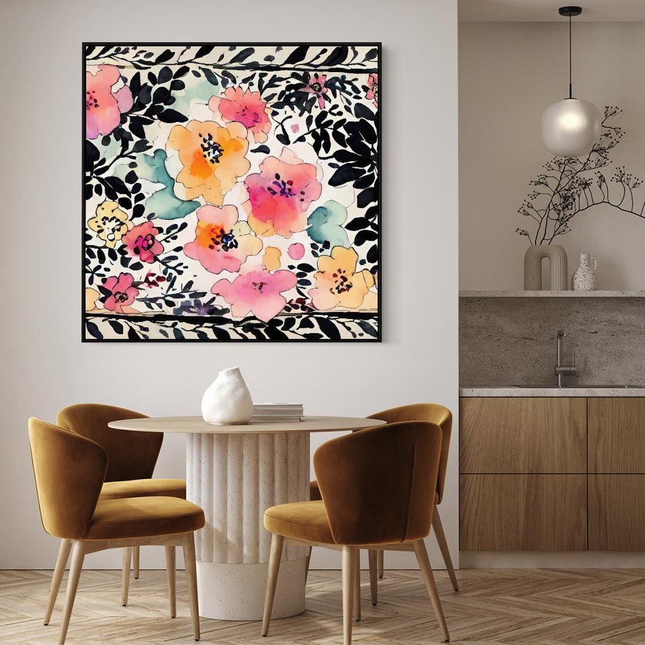 Obraz w ramie 50x50 - Opowieść w kroplach farb - akwarelowe kwiaty, mocna ornamentowa czarna ramka namalowana dookoła obrazu - rama czarna