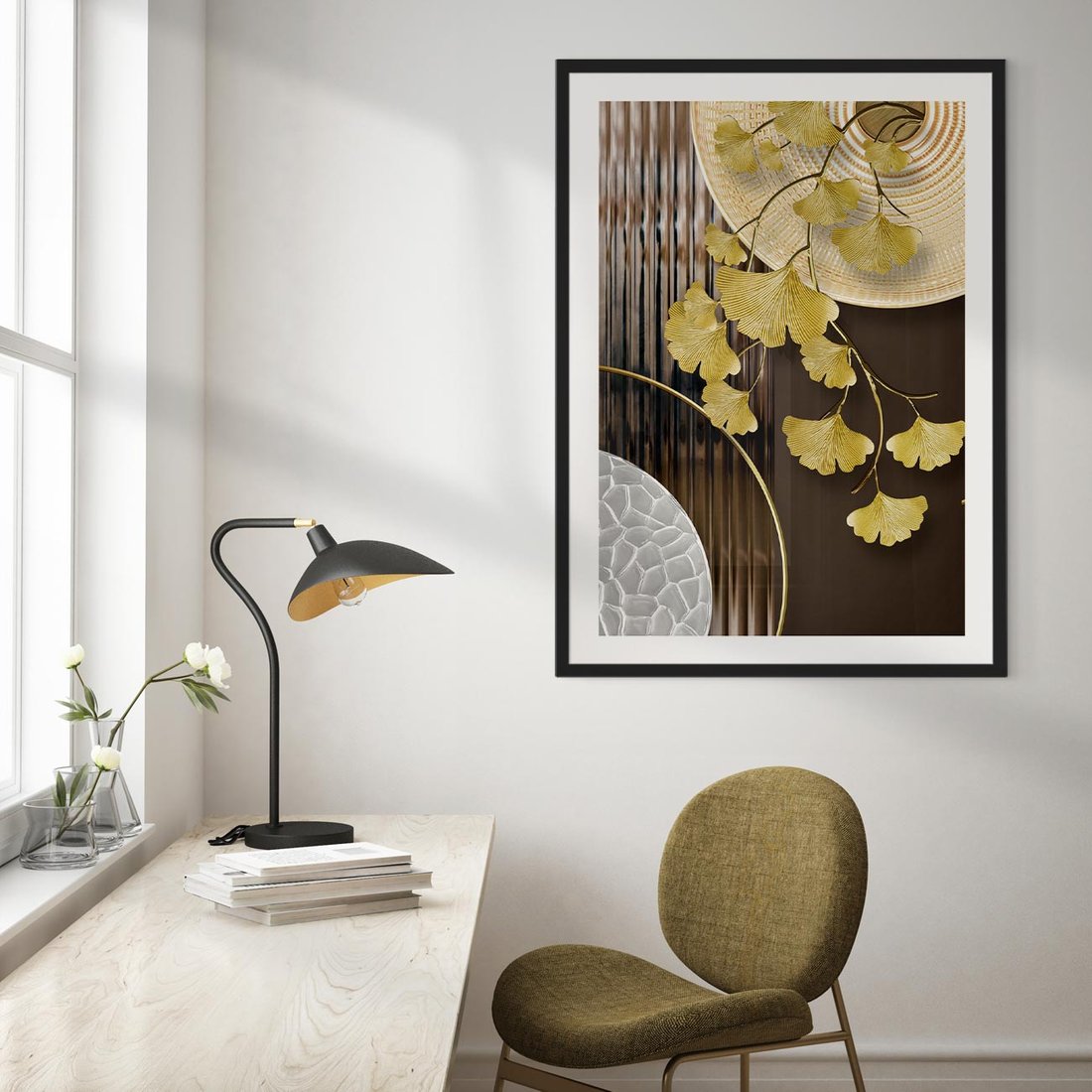 Plakat w ramie 40x50 - Magia Jesieni - złote, liście - rama czarna