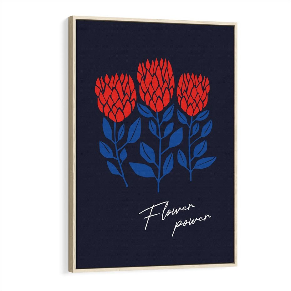 Obraz w ramie 70x100 - Podróżne Barwy - czerwone abstrakcyjne kwiaty, granatowe tło - rama drewno