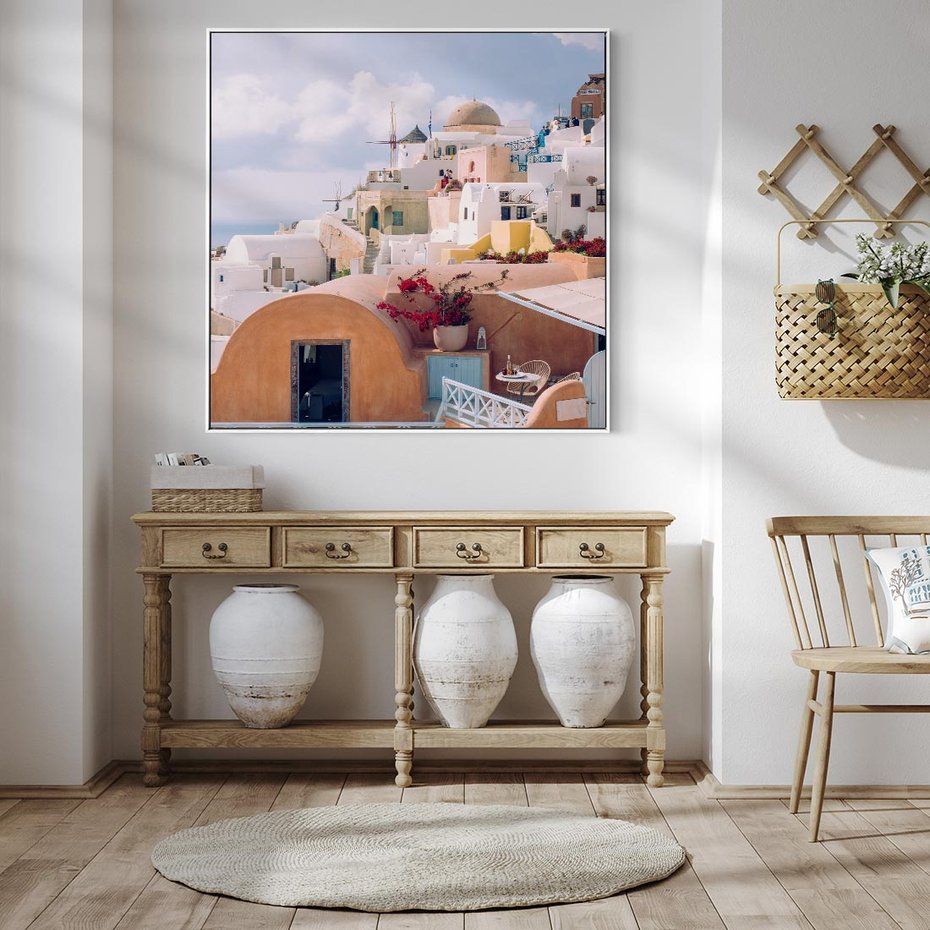 Obraz w ramie 80x80 - Błękit Morza i Białe Domki - Santorini, wyspa - rama biała