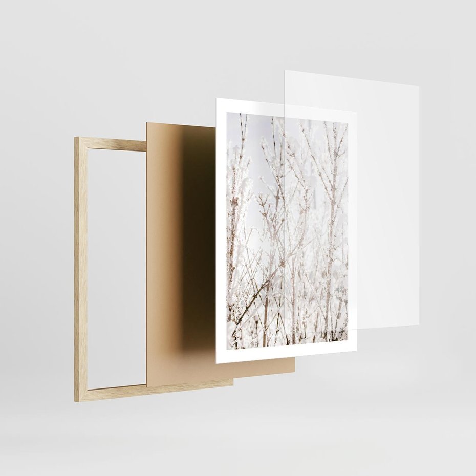 Plakat w ramie 50x70 - Szron na Gałęziach - ośnieżone gałązki, szron na gałęziach - rama drewno