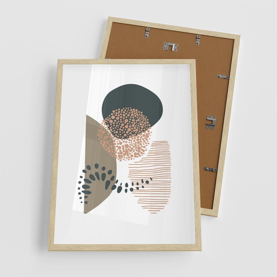 Plakat w ramie 50x70 - Harmonia Akwarelowych Przestrzeni - abstrakcyjna kompozycja z kropek kresek i kółek, odcienie brązu i beżu - rama drewno