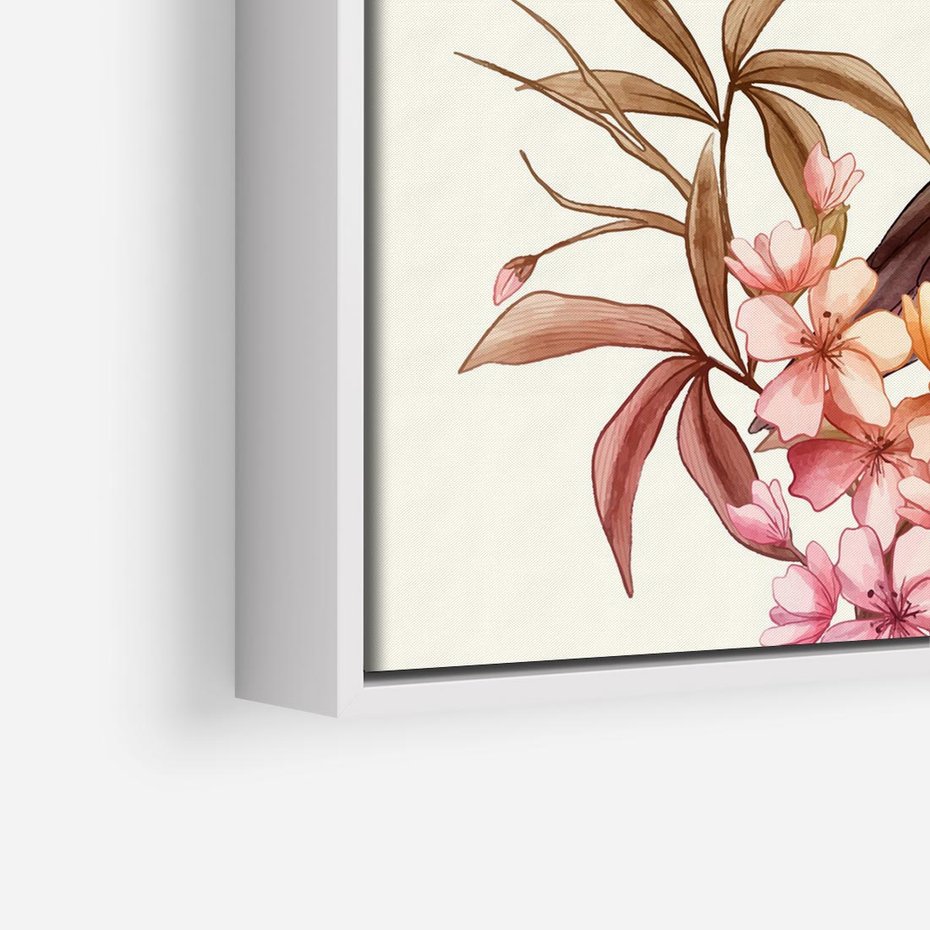 Obraz w ramie 80x80 - Kwiatowe Zanurzenie - japońska sztuka, ptak - rama biała