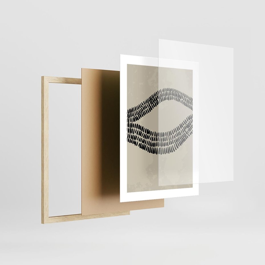 Plakat w ramie 30x40 - Kontury Ewolucji Materii - boho plakat, czarne kropki kreski - rama drewno