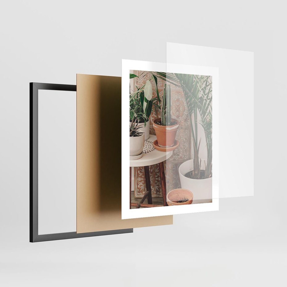 Plakat w ramie 40x50 - Boho Oaza: Kaktusy w Doniczkach - rośliny kaktusy w doniczkach, boho wnętrze - rama czarna