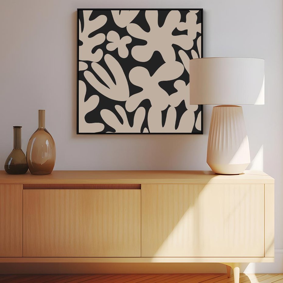 Obraz w ramie 50x50 - Księga Ukrytych Widoków - abstrakcyjne czarno białe formy, minimalizm - rama czarna