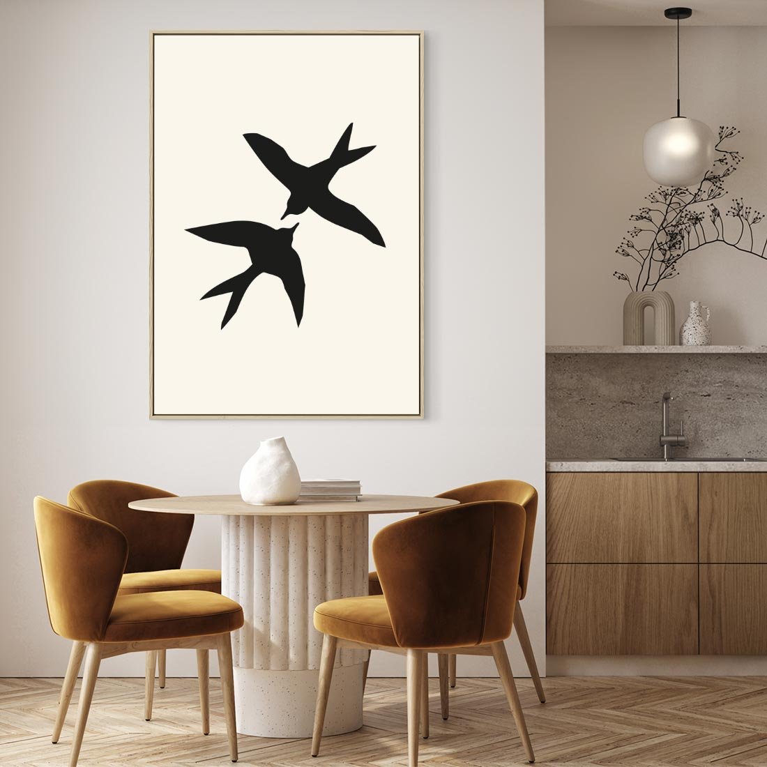 Obraz w ramie 50x70 - Kreatywne Echa - jaskółki, minimalizm - rama drewno