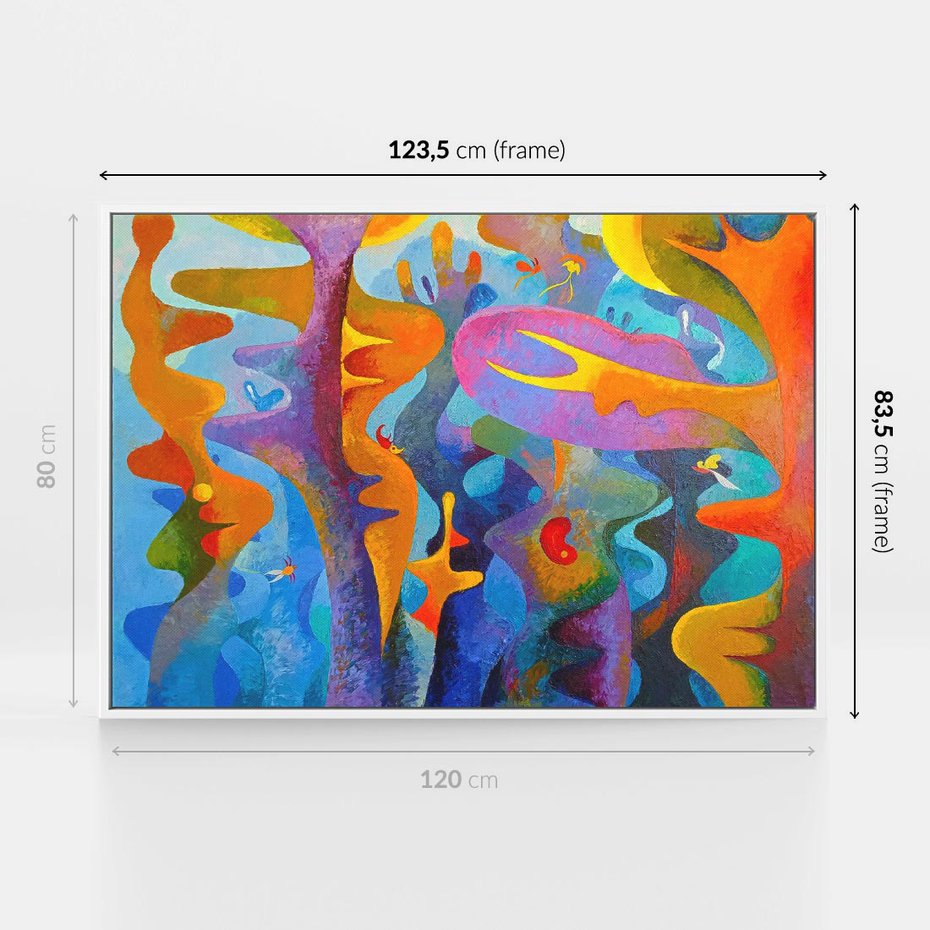 Obraz w ramie 120x80 - Płomienne Tańce Abstrakcji - energetyczna abstrakcja, dziwne formy - rama biała