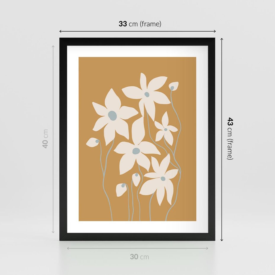 Plakat w ramie 30x40 - Kwiatowy Spektakl - minimalistyczne kwiaty, na pomarańczowym tle - rama czarna