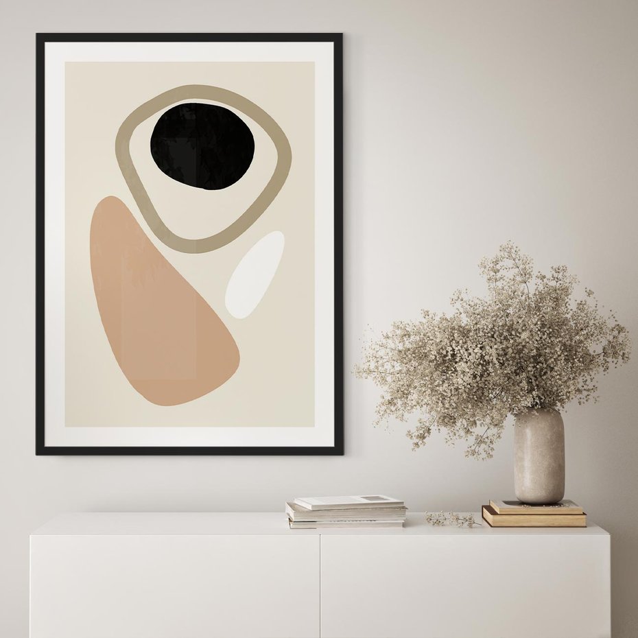 Plakat bez ramy 40x50 - Beżowa Synergia - beżowa abstrakcyjna kompozycja, czarny akcent