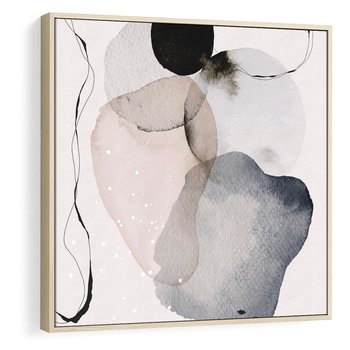 Obraz w ramie 50x50 - Migocące Barwy - abstrakcyjne plamy akwarelowe, czarny szkic - rama drewno