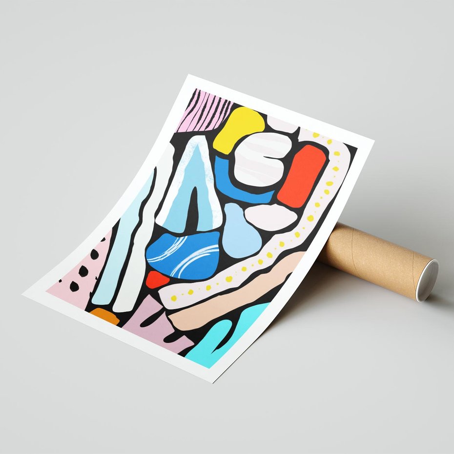 Plakat bez ramy 30x40 - Kolory Na Czerni - abstrakcyjne formy, komiksowy styl