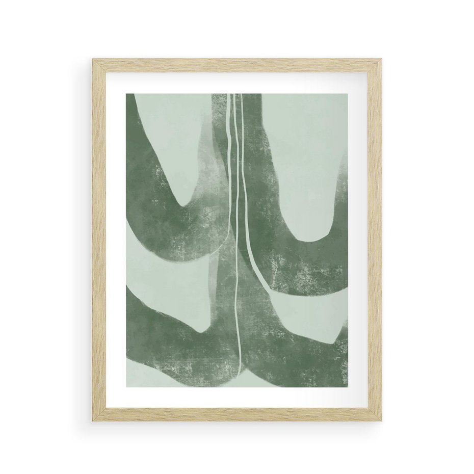 Plakat w ramie 40x50 - Nurtująca Kompozycja Zieleni - abstrakcyjne delikatne zielone linie, podobne do gałęzi kwiatów - rama drewno