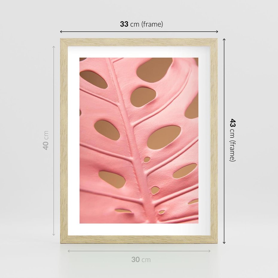 Plakat w ramie 30x40 - Różowy Liść Monstery - różowy liść monstery, nowoczesna fotografia - rama drewno