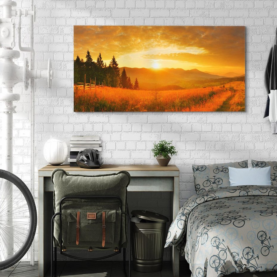 Obraz na płótnie 120x60 - harmonia drzew i kwiatów - góry, łąka