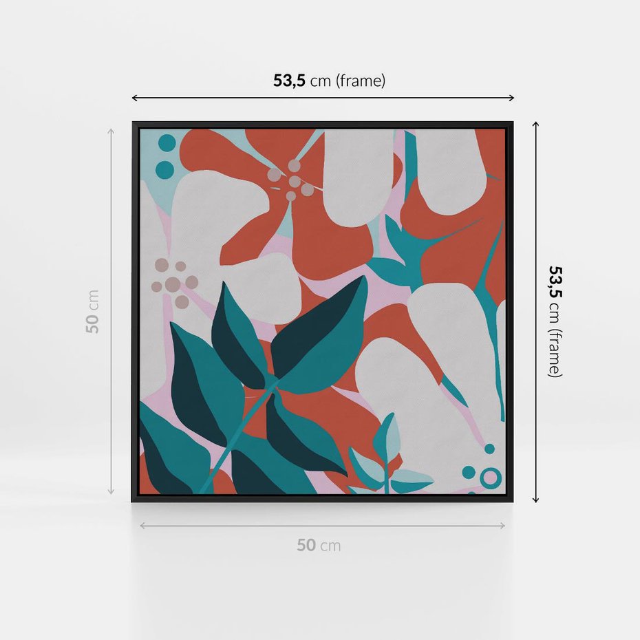 Obraz w ramie 50x50 - Harmonijne Formy - abstrakcyjna kompozycja kwiatowych form, kolor zgaszone - rama czarna