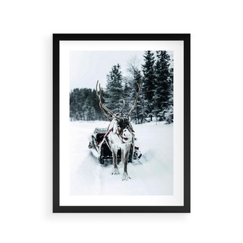 Plakat w ramie 50x70 - Świąteczna Przygoda - renifer, śnieg - rama czarna