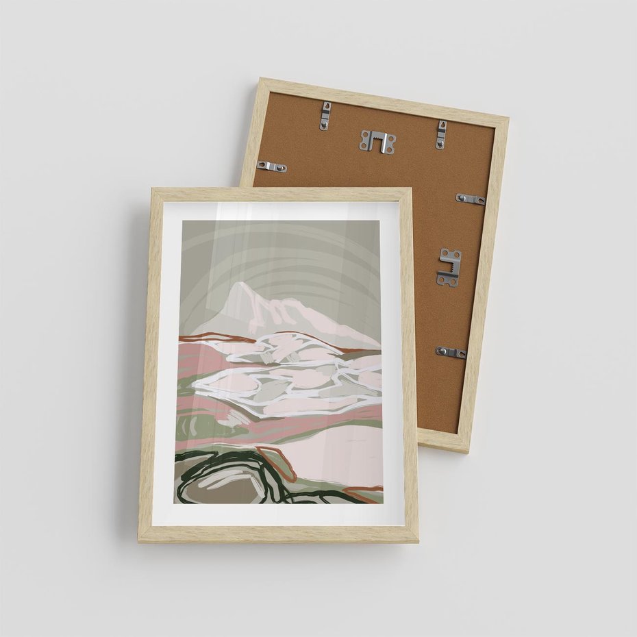 Plakat w ramie 30x40 - Szarawe Wzgórza - pastelowy krajobraz, nowoczesny plakat - rama drewno