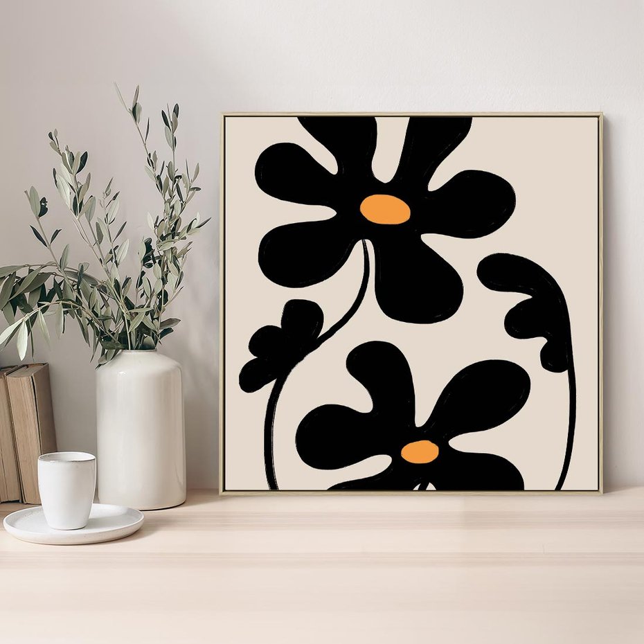 Obraz w ramie 80x80 - Wyjątkowość Boho - minimalistyczny abstrakcyjny obraz, prymitywne kwiaty - rama drewno