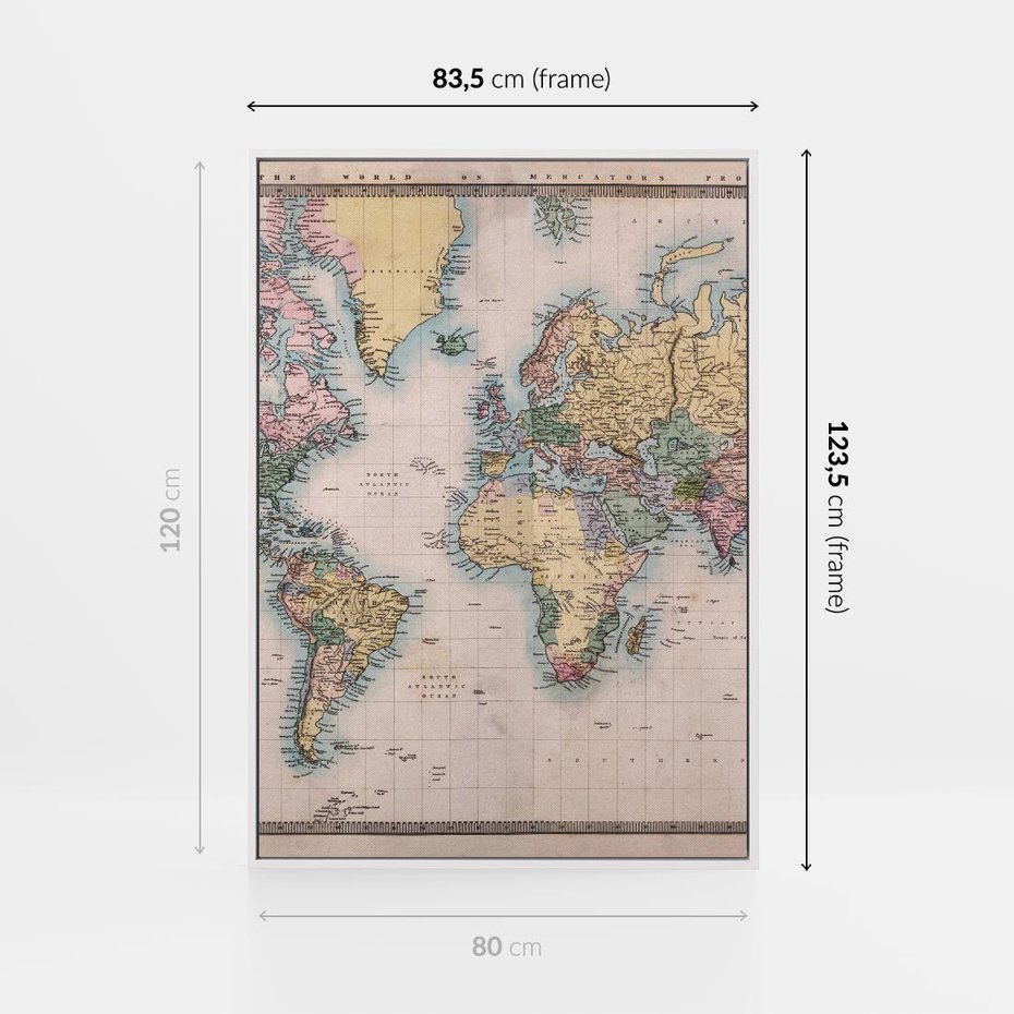 Obraz w ramie 80x120 - Światło Przeszłości - retro mapa świata, mapa - rama biała