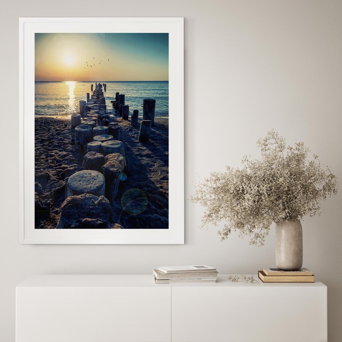 Plakat w ramie 30x40 - Zachód Słońca nad Morzem - morze, zachód - rama biała