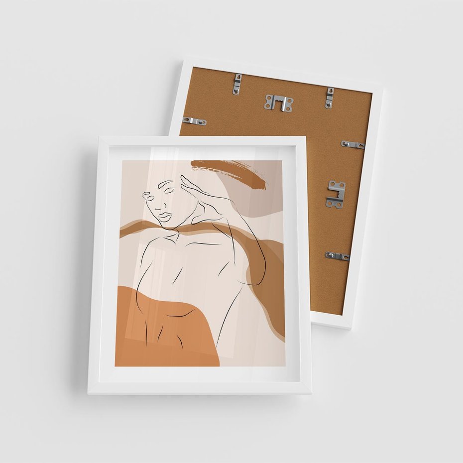 Plakat w ramie 40x50 - Sztuka Piękna w Beżach i Brązach - szkic jedną linią, naga kobieta - rama biała