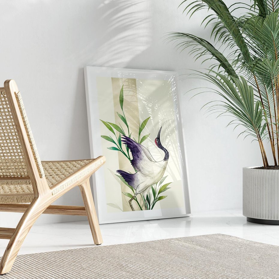 Plakat w ramie 30x40 - Migocące Ptaki - japońska sztuka, ptak - rama biała