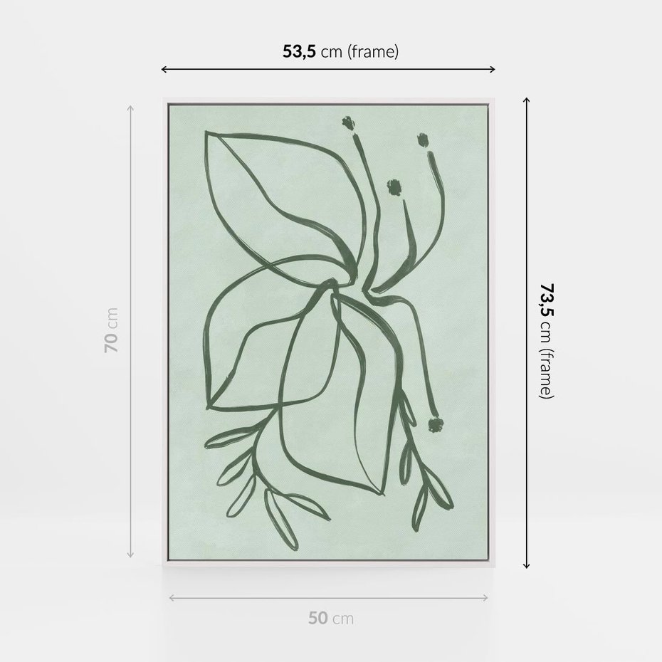 Obraz w ramie 50x70 - Energetyczne Odrodzenie Natury - abstrakcyjne delikatne zielone linie, podobne do gałęzi kwiatów - rama biała