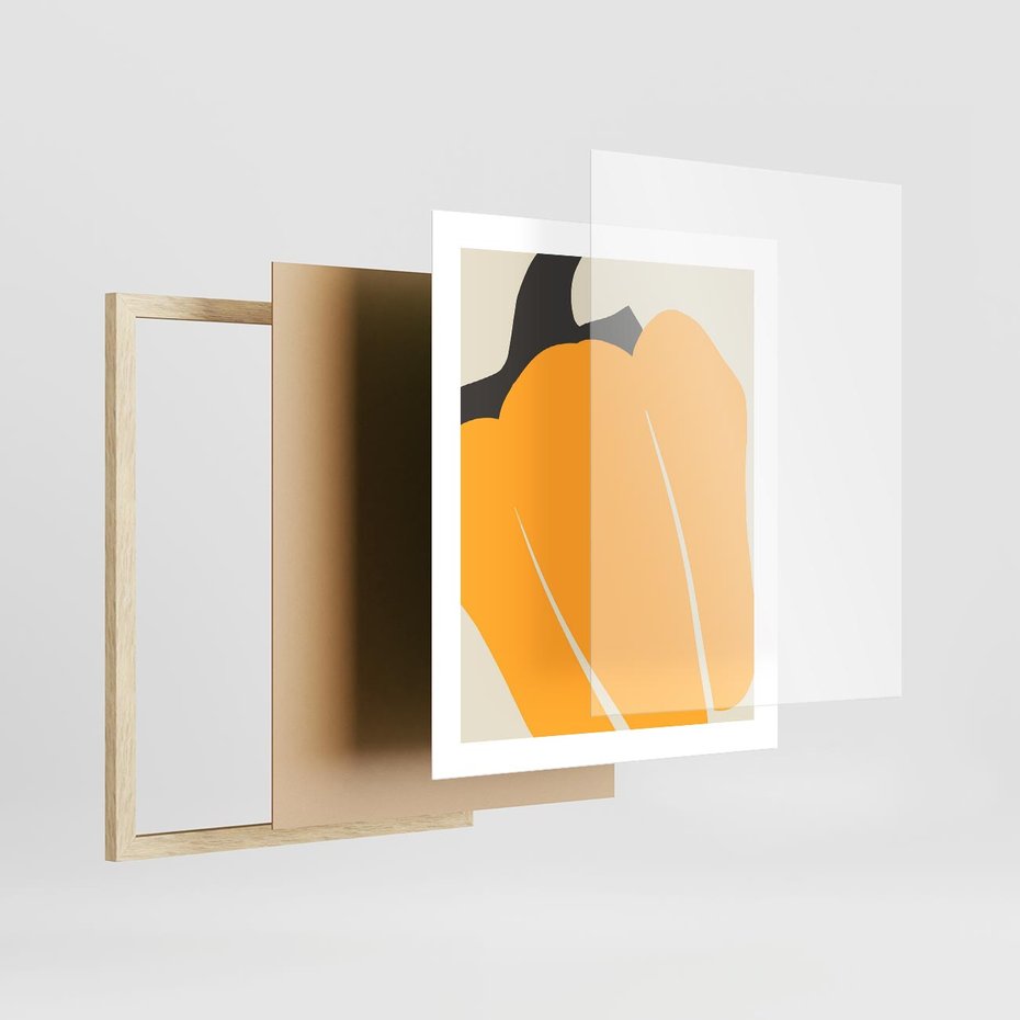 Plakat w ramie 40x50 - Migocące Formy - abstrakcyjny minimalistyczny obraz, żółta papryczka - rama drewno