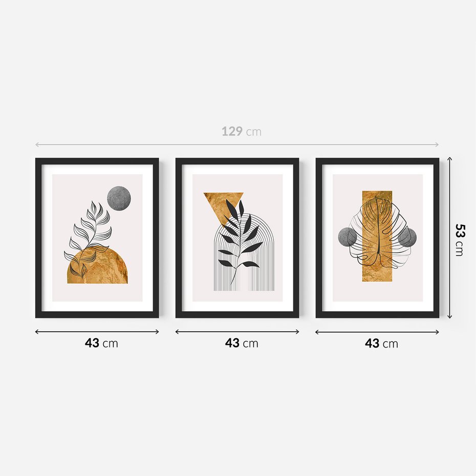 Zestaw obrazy w ramie 40x50 galeria - Złoto, liście, geometria - rama czarna