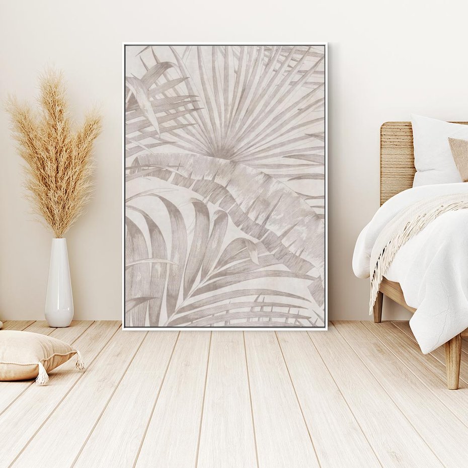 Obraz w ramie 50x70 - Odsłonięte liściowe wspomnienia - monochromatyczne, kolory sepii - rama biała