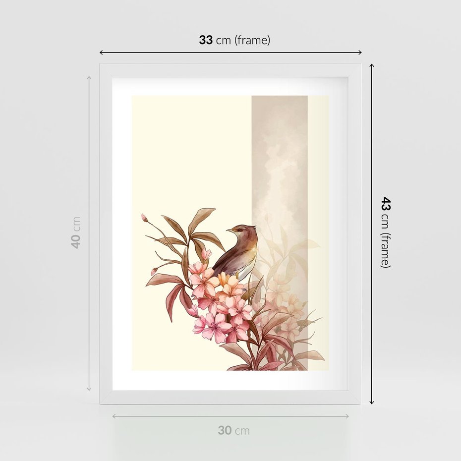 Plakat w ramie 30x40 - Kwiatowe Zanurzenie - japońska sztuka, ptak - rama biała