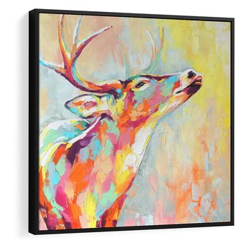 Obraz w ramie 50x50 - Impresje snów malarza - kolorowy olejny obraz, jeleń ryczący na rykowisku - rama czarna