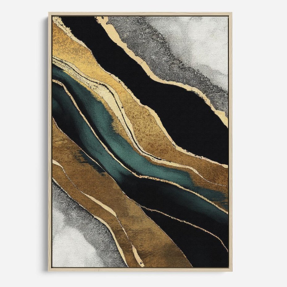 Obraz w ramie 70x100 - Refrakcje płynącej rzeczywistości - jak marmurowa rzeka, linie złota - rama drewno
