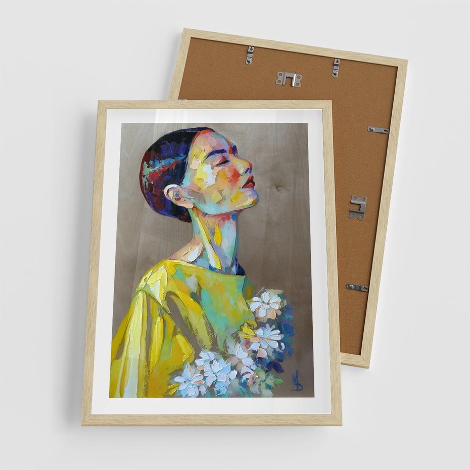 Plakat w ramie 50x70 - W Żółtej Sukience - olejny abstrakcyjny obraz, portret kobiety w żółtej sukience - rama drewno