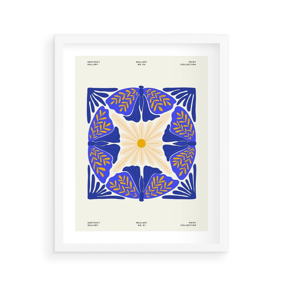 Plakat w ramie 40x50 - Księga Abstrakcji - abstrakcyjna boho kompozycja, granatowe ćmy - rama biała