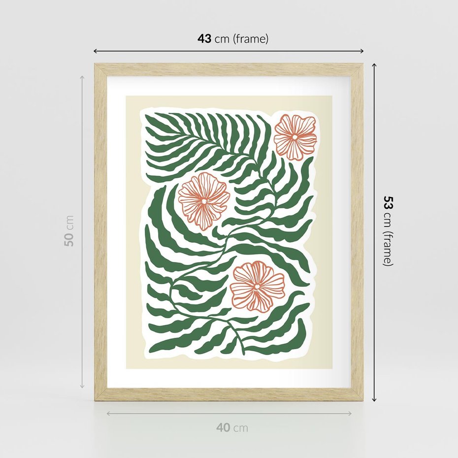 Plakat w ramie 40x50 - Migocące Wzory - abstrakcyjna kompozycja, paprocie - rama drewno