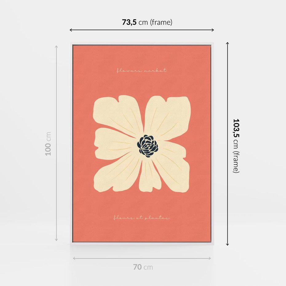 Obraz w ramie 70x100 - Malowane Kolorowe Echa - minimalistyczna grafika, biały kwiat na różowym tle - rama biała