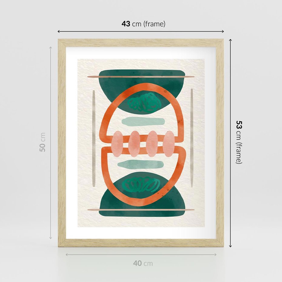 Plakat w ramie 40x50 - Oryginalny obraz abstrakcyjny w nowoczesnym stylu. Geometryczne akwarelowe kształty w intensywnych odcieniach zieleni i pomarańczu. Doskonała dekoracja dla miłośników sztuki. - abstrakcyjny obraz, sztuka nowoczesna - rama drewno
