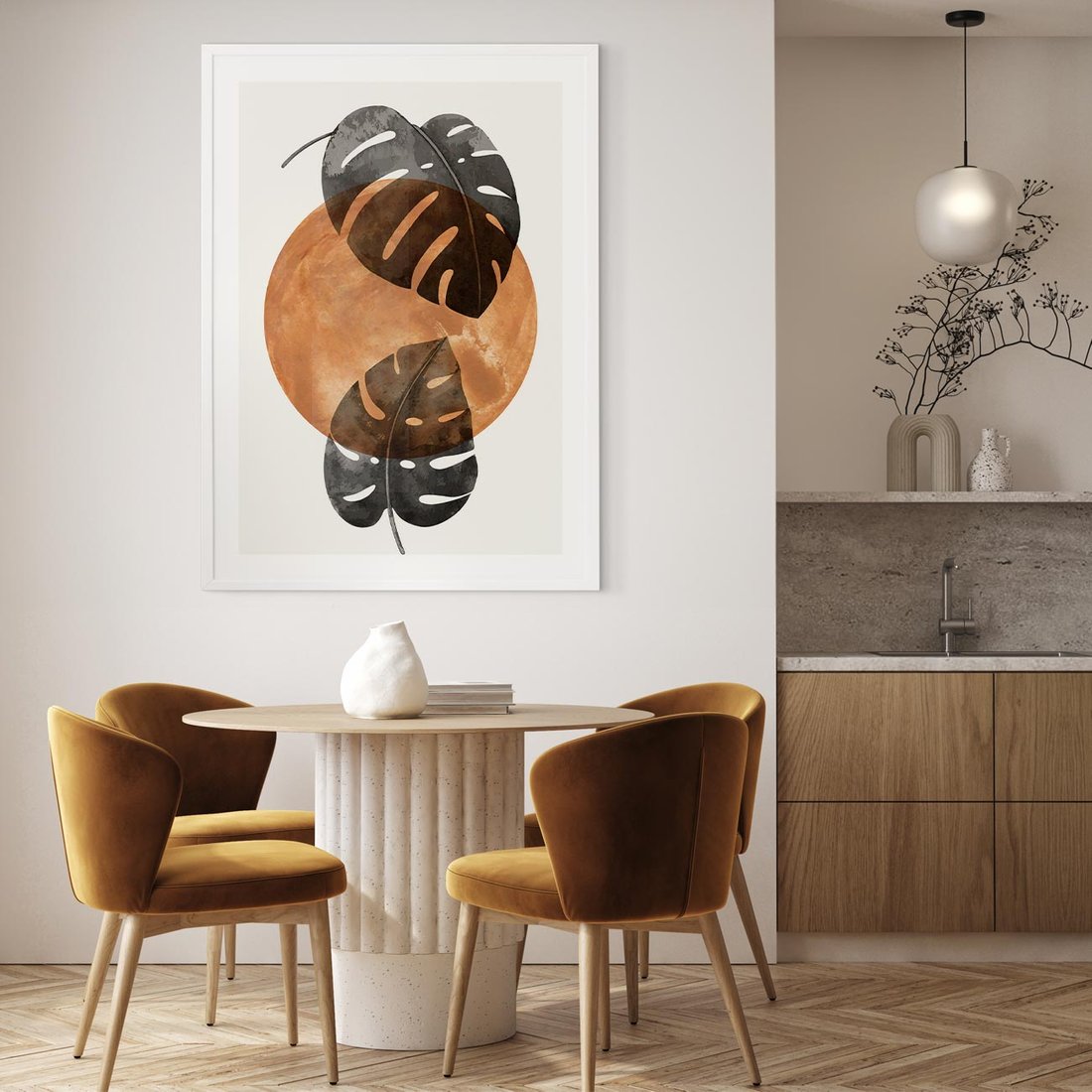 Plakat bez ramy 40x50 - Elegancja w Detalach: Miedziane Koło z Monsterą - grafika, miedziane koło