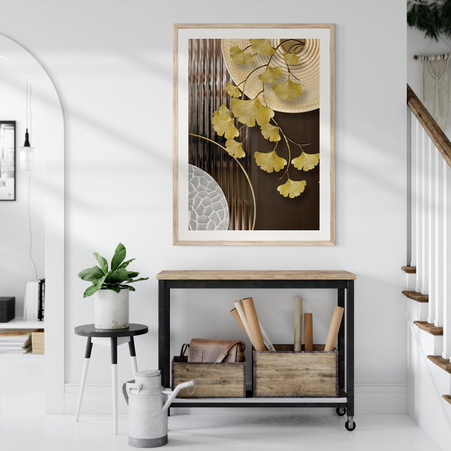 Plakat w ramie 30x40 - Magia Jesieni - złote, liście - rama drewno