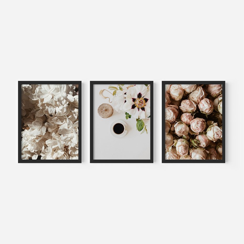 Zestaw obrazy w ramie 50x70 galeria - Kwiaty, róże, kawa - rama czarna